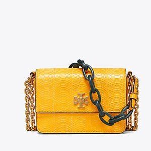 TORY BURCH Exotic Kira Shoulder Bag Authentic Snakeskin Daisy Yellow